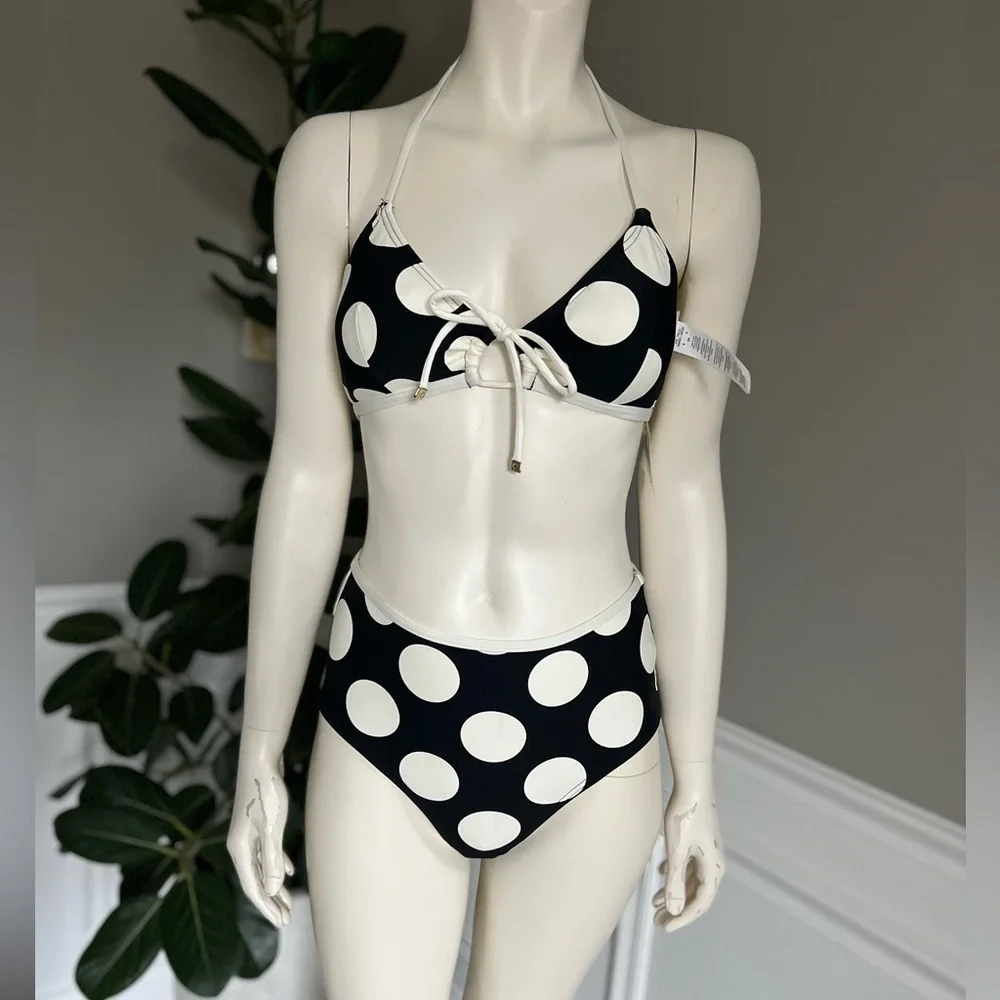 Kate Spade Drawstring Front Bikini Top & High Waist Bikini Bottom- Large Dots S